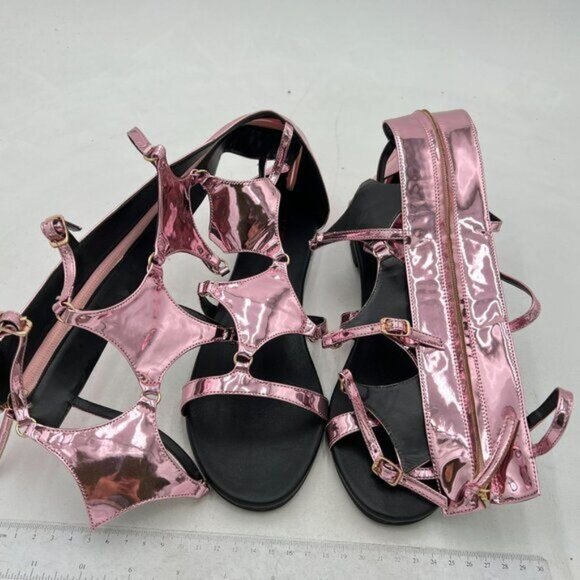 YDN Pink Women Sexy Knee High Back Zipper Flats Fringe Low Heel Gladiator Strap - Picture 3 of 7